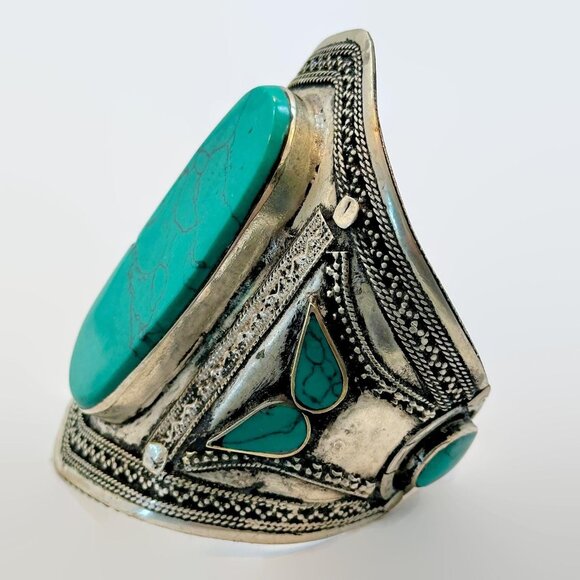 Vintage Bracelet Afghan Middle Eastern Silver Cuff Green Jasper Big Wide Ethnic - Picture 3 of 5